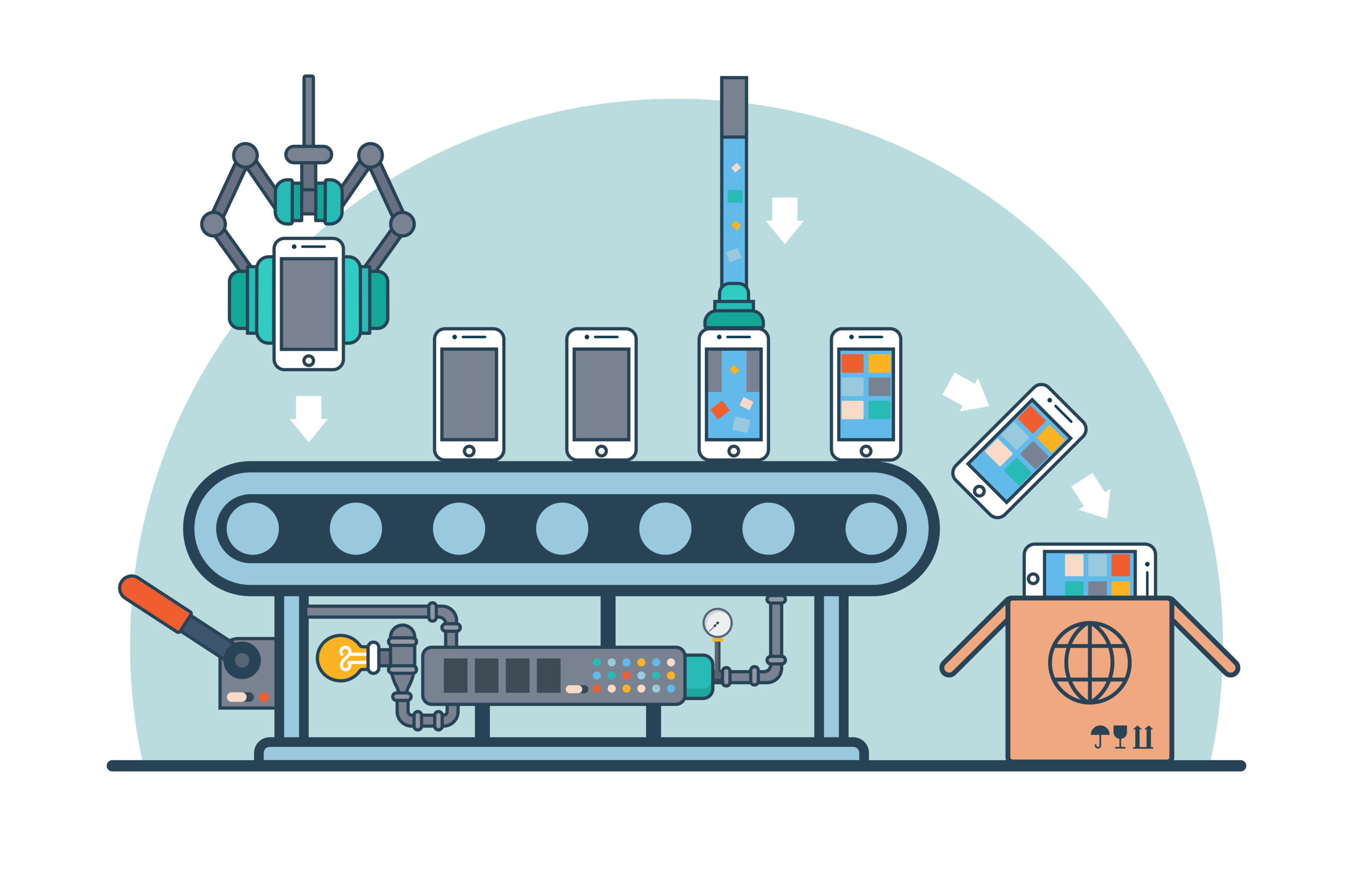 Linear Flat smartphones on conveyor fueling with firmware and software vector illustration. Mobile phone production line and packaging concept.